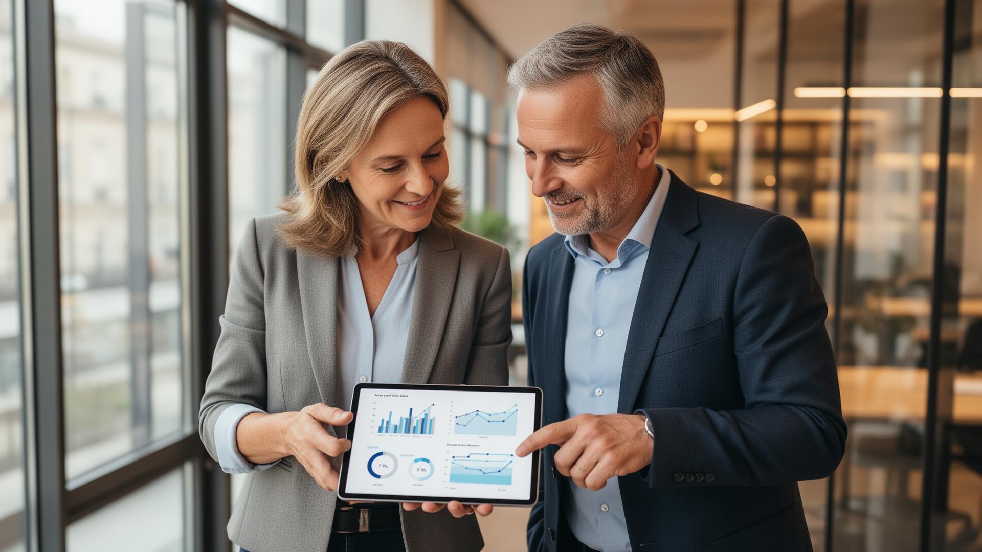 Duo d'entrepreneurs collaborant sur une analyse de données